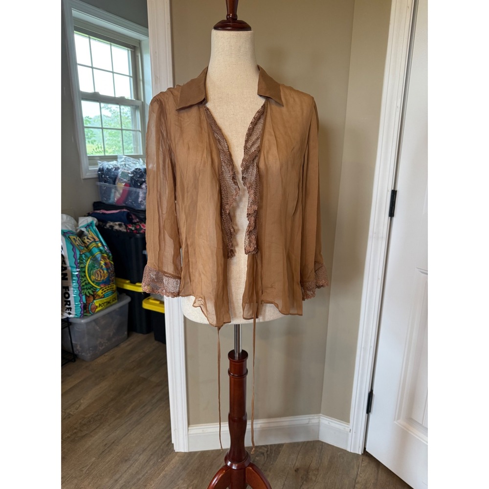 ICE Silk Sheer Lace Trim Open Front Blouse Tan Brown Large Vintage Style